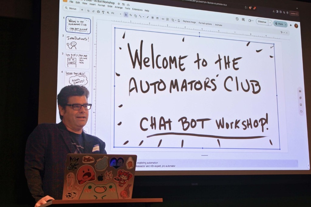 Opening slide for the Automators' Club chatbot workshop