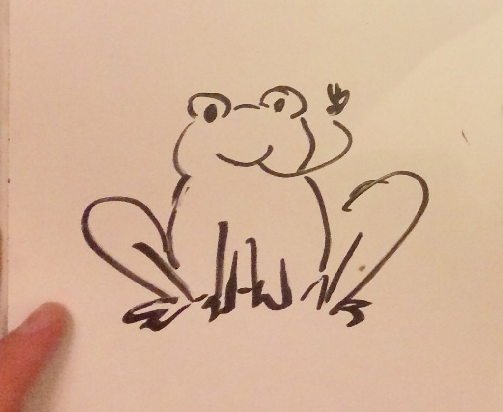 Ink sketch of a frog catching a bug with its tongue