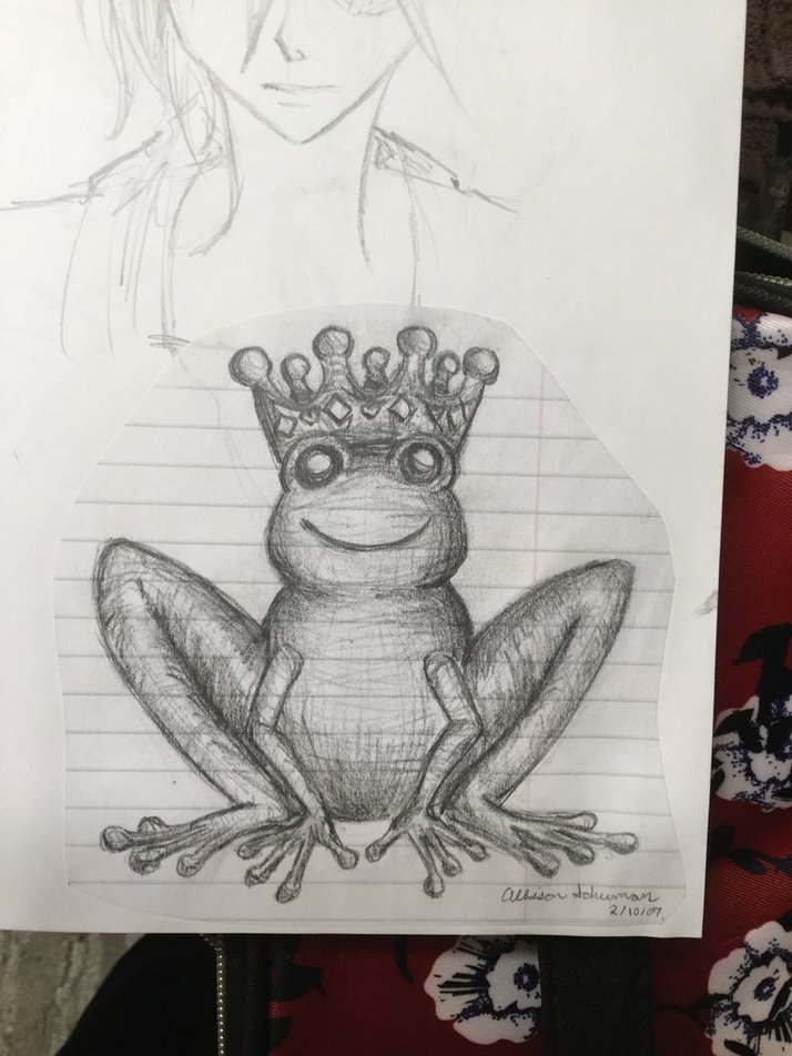 Pencil sketch of a crowned frog by Allison Haskins