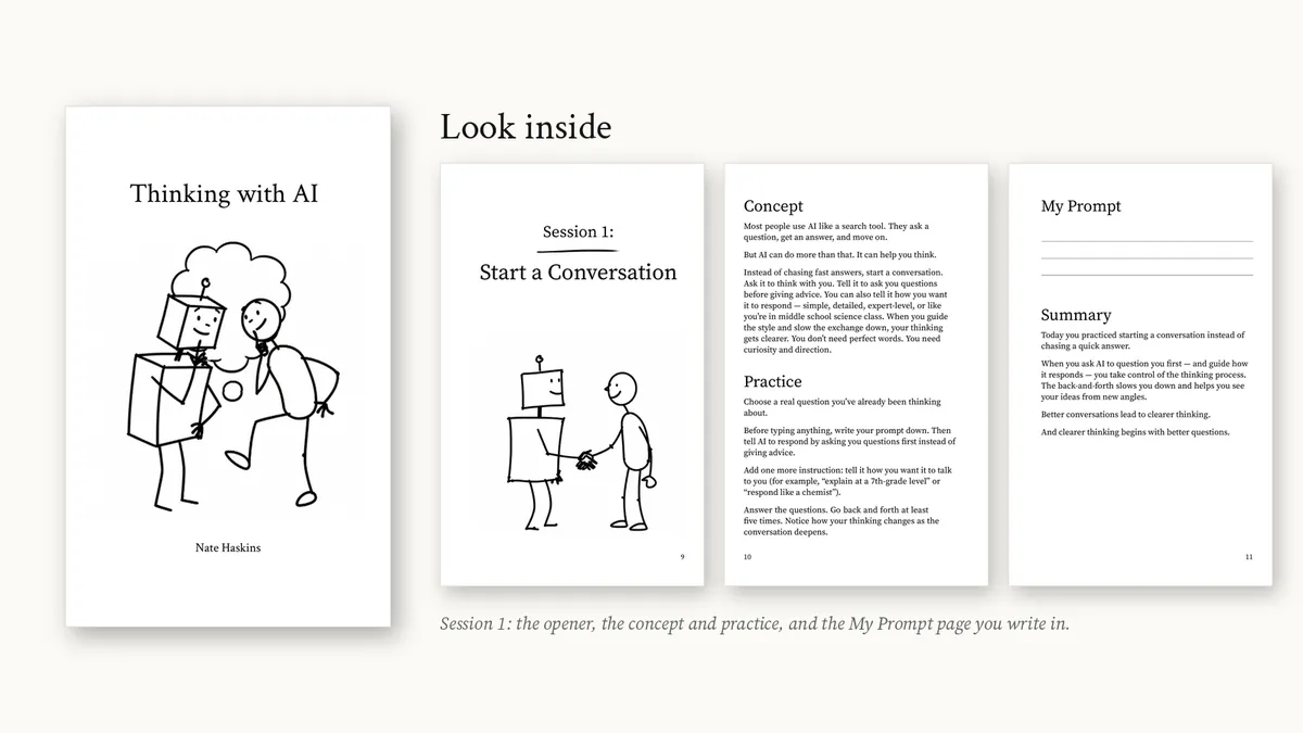 Look inside: the cover of Thinking with AI next to pages from Session 1, including the My Prompt page you write in