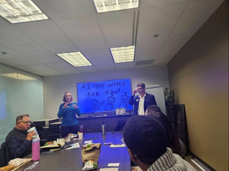Nate Haskins giving a practical AI talk to Southwest Area Chamber business owners